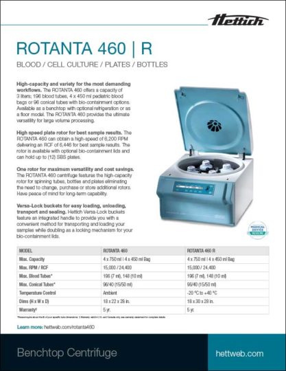 Hettich ROTANTA 469 R benchtop centrifuge product sheet