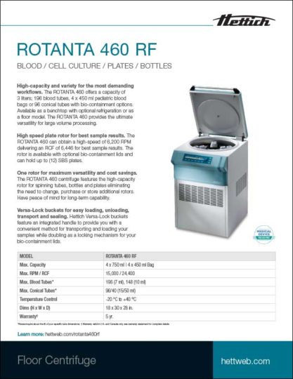 Hettich ROTANTA 460 RF floor centrifuge product sheet