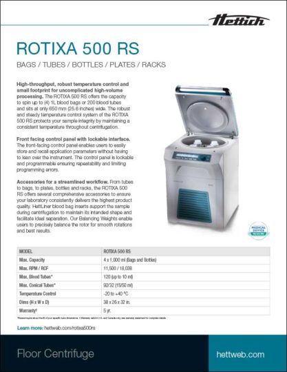 Hettich ROTIXA 500 RS floor centrifuge product sheet