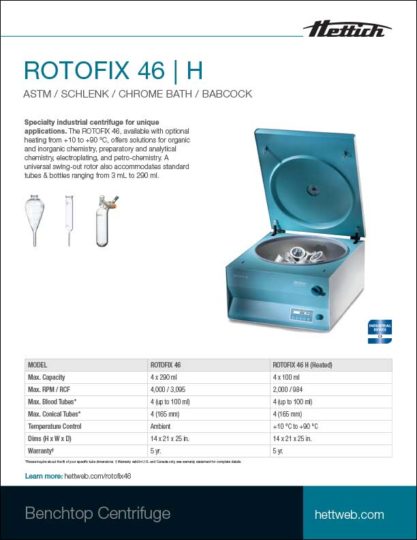 Hettich ROTOFIX 46 H benchtop centrifuge product sheet
